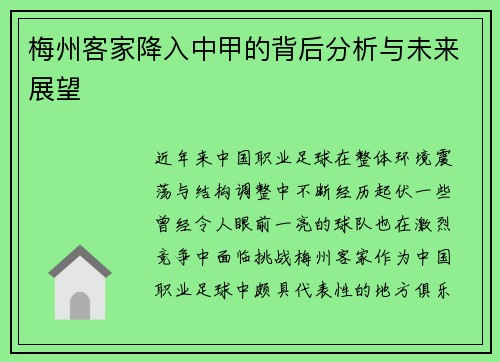 梅州客家降入中甲的背后分析与未来展望