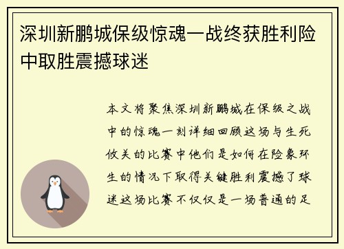 深圳新鹏城保级惊魂一战终获胜利险中取胜震撼球迷